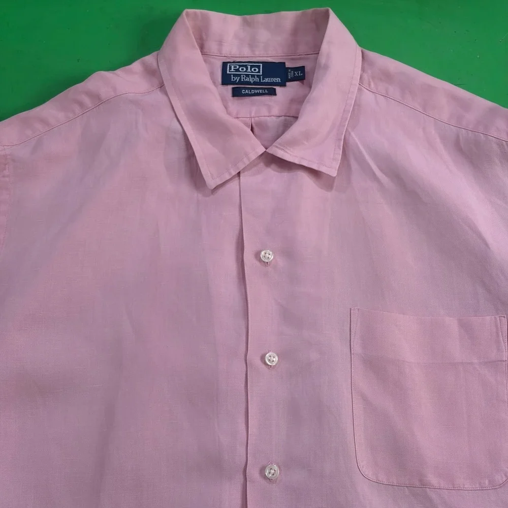 VTG 90s Caldwell Polo Ralph Lauren Mens XL/2X Pink Linen/Silk Camp Collar Pony